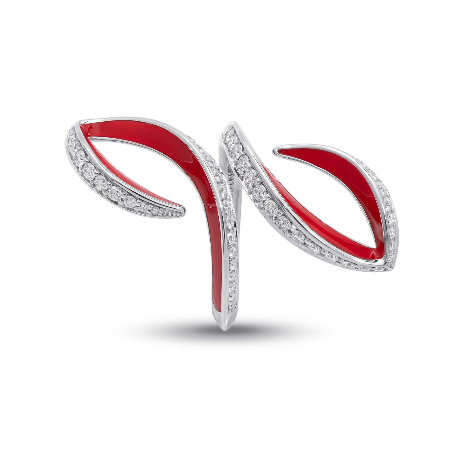 VIVA Double Curved Ring with Diamonds and Red Enamel