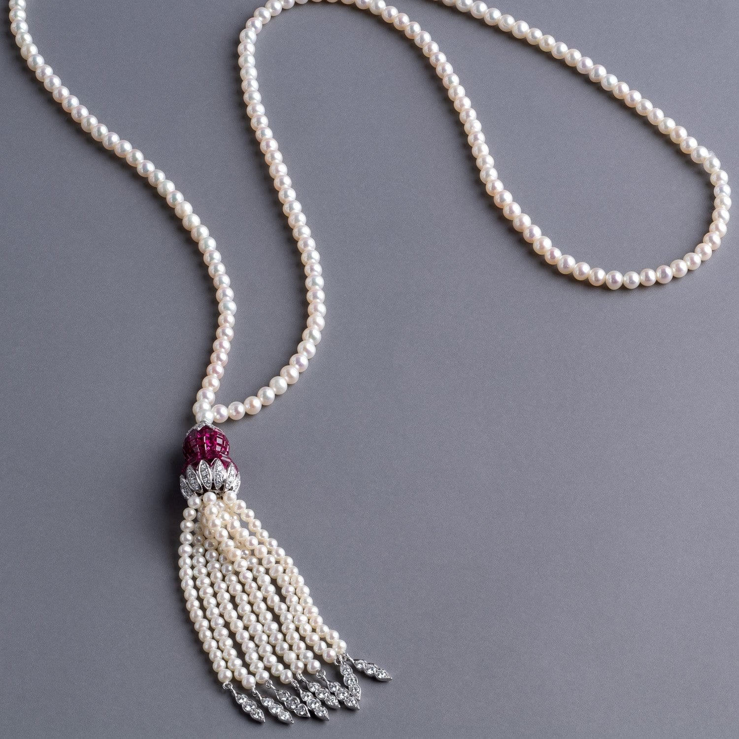 VINTAGE: MOSAIC Necklace, Ruby Pearl Tassel